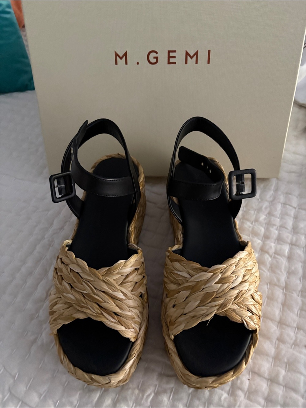 M. Gemi The Tessa Raffia Shoe. Natural raffia with black top and trim.